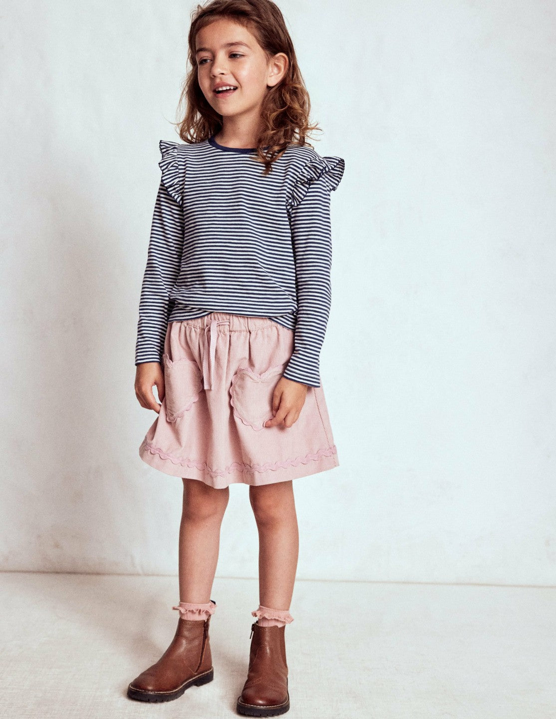 Frill Sleeve Slub Top-Soft Ivory/College Navy / Boden