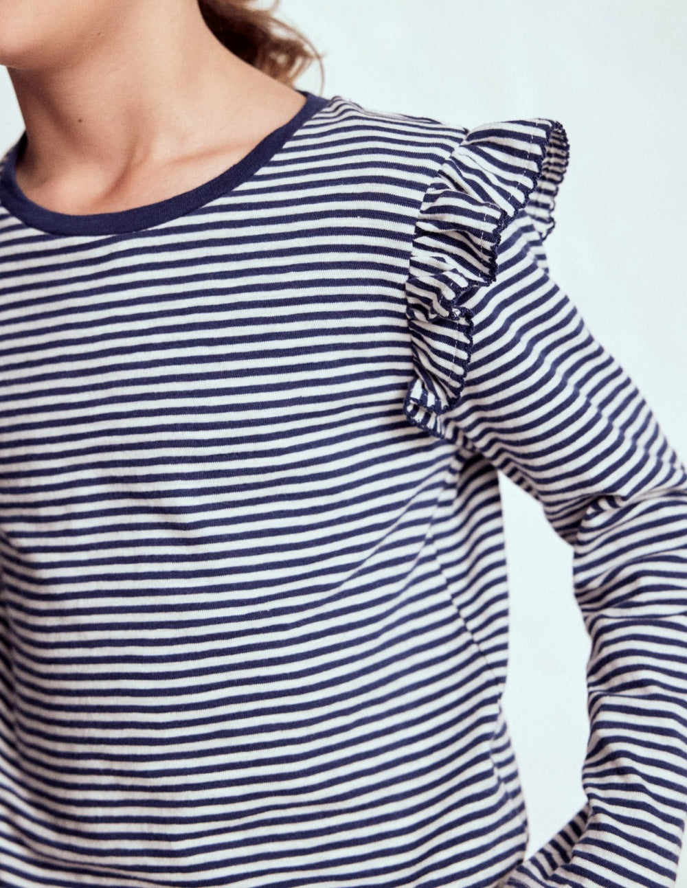 Frill Sleeve Slub Top-Soft Ivory/College Navy / Boden