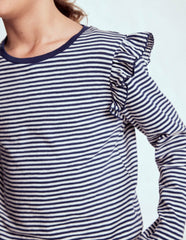 Frill Sleeve Slub Top-Soft Ivory/College Navy / Boden