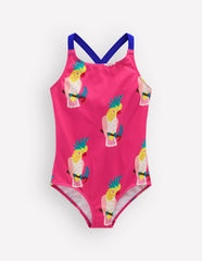 Cross-Back Printed Swimsuit-Pink Tropical Bird / Boden
