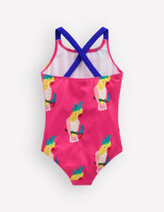 Cross-Back Printed Swimsuit-Pink Tropical Bird / Boden