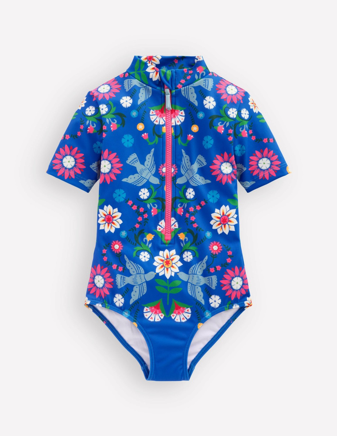 Short-sleeved Swimsuit-Kingfisher Blue Bird Floral / Boden Discount