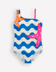One Shoulder Appliqué Swimsuit-Kingfisher Blue Wave Starfish / Boden Outlet