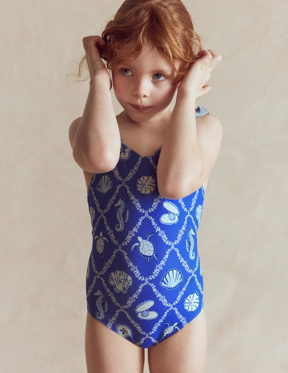 Hallie Frill Strap Swimsuit-Regency Blue Shell Tile / Boden Outlet