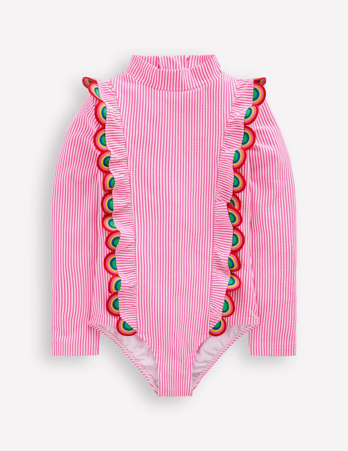 Long Sleeve Frill Swimsuit-Pink Glo Stripe Rainbow / Boden On sale