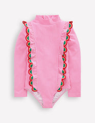 Long Sleeve Frill Swimsuit-Pink Glo Stripe Rainbow / Boden On sale
