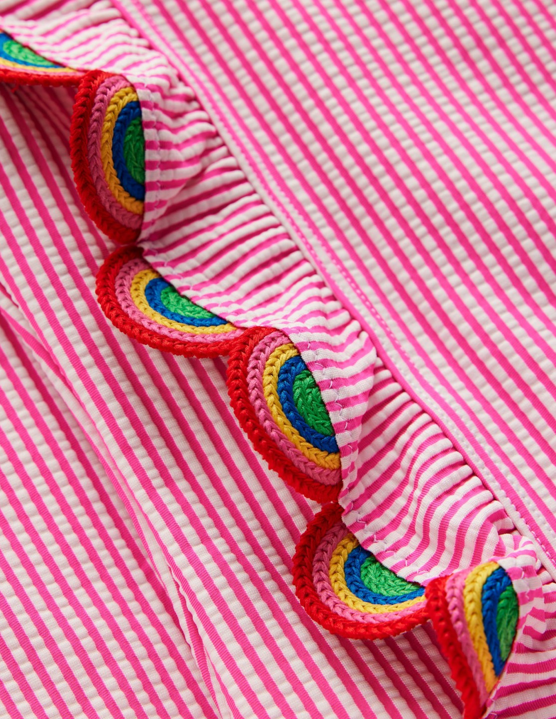 Long Sleeve Frill Swimsuit-Pink Glo Stripe Rainbow / Boden On sale