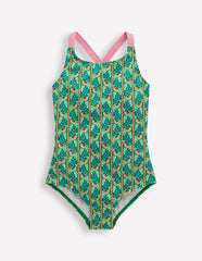 Cross-Back Printed Swimsuit-Green Floral Vine / Boden On sale