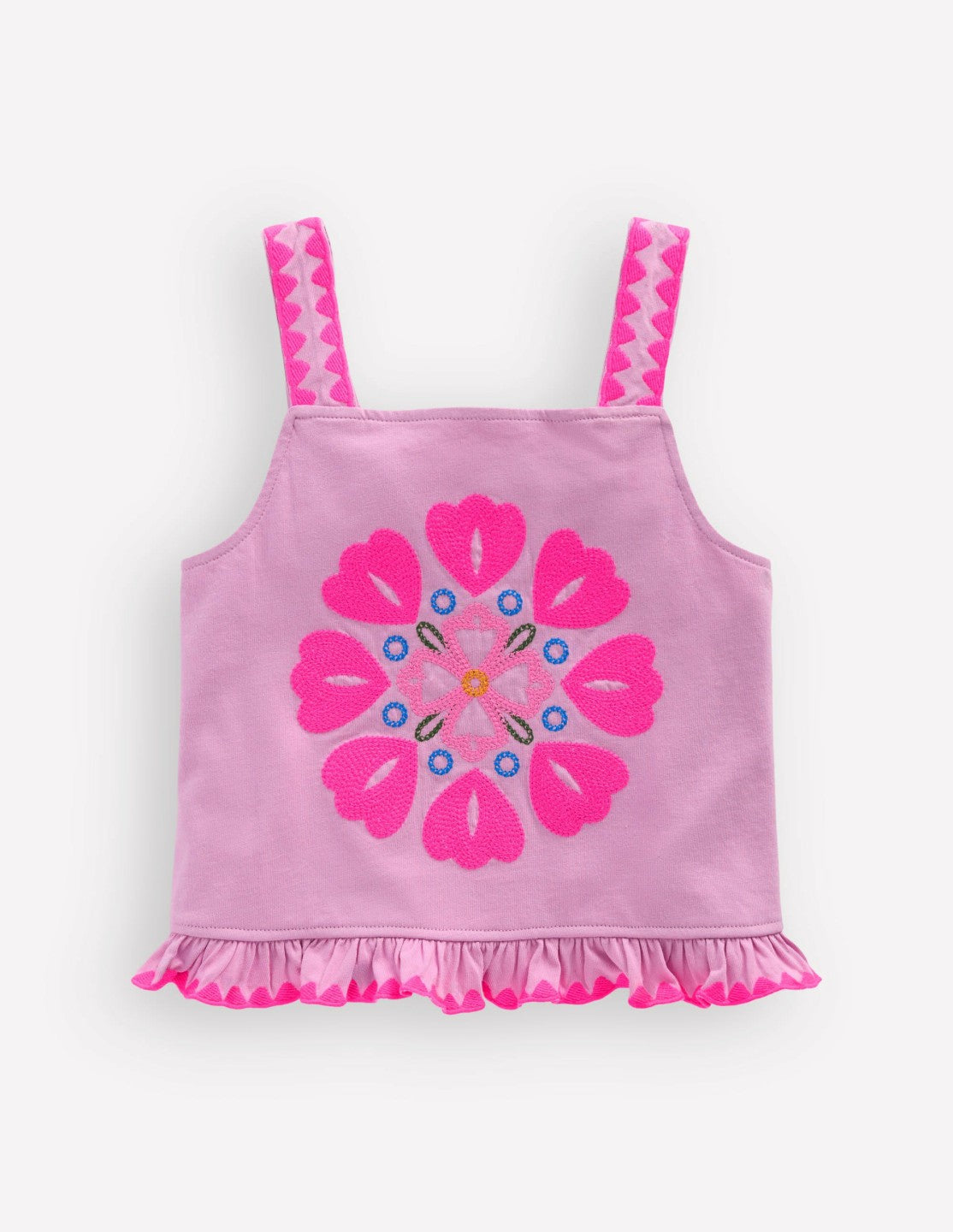 Embroidered Ruffle Top-Pink Punch Embroidery / Boden Outlet